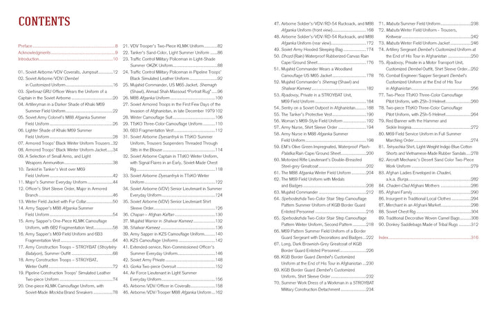 Table of contents page from "Soviet and Mujahideen Uniforms, Clothing, and Equipment in the Soviet-Afghan War, 1979-1989" by Schiffer Publishing, Ltd., with two columns of maroon and black section titles on a white background.