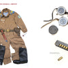 Displayed on a white background are items from "Soviet and Mujahideen Uniforms, Clothing, and Equipment in the Soviet-Afghan War, 1979-1989" by Schiffer Publishing, Ltd., including a Soviet VDV brown coverall with accessories and gear.