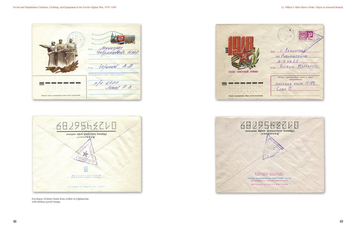 Four vintage Soviet-Afghan War envelopes are shown—two front and two back—with stamps and images of uniforms featured in "Soviet and Mujahideen Uniforms, Clothing, and Equipment in the Soviet-Afghan War, 1979-1989" by Schiffer Publishing, Ltd.