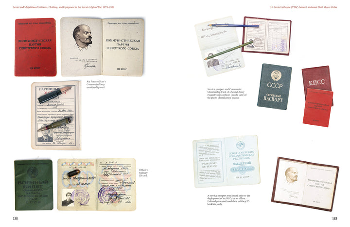Soviet and Mujahideen uniforms, clothing, and equipment from the Soviet-Afghan War (1979-1989) by Schiffer Publishing, Ltd., includes documents, passports, military IDs, pens, notes, and glimpses of Soviet military attire.