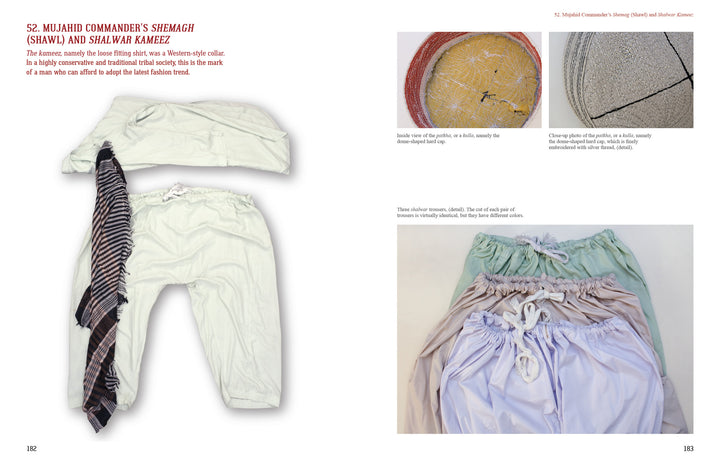 A page from "Soviet and Mujahideen Uniforms, Clothing, and Equipment in the Soviet-Afghan War, 1979-1989" by Schiffer Publishing shows traditional Mujahideen attire—loose pants, a striped shemagh—plus textile details and commander's dress.