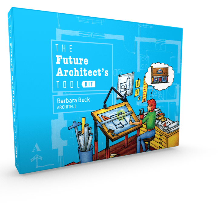 The Future Architect's Tool Kit by Schiffer Publishing, Ltd. is a blue book featuring a person at a drafting table with architectural drawings—a great choice for aspiring architects, surrounded by tools and a bookshelf in the background.