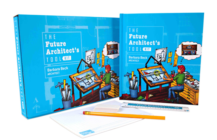 The Future Architect's Tool Kit from Schiffer Publishing, Ltd. includes a book, box, ruler, pencil, eraser, and notepad—ideal for aspiring architects. The cover shows someone drawing at a drafting table in a vibrant studio.