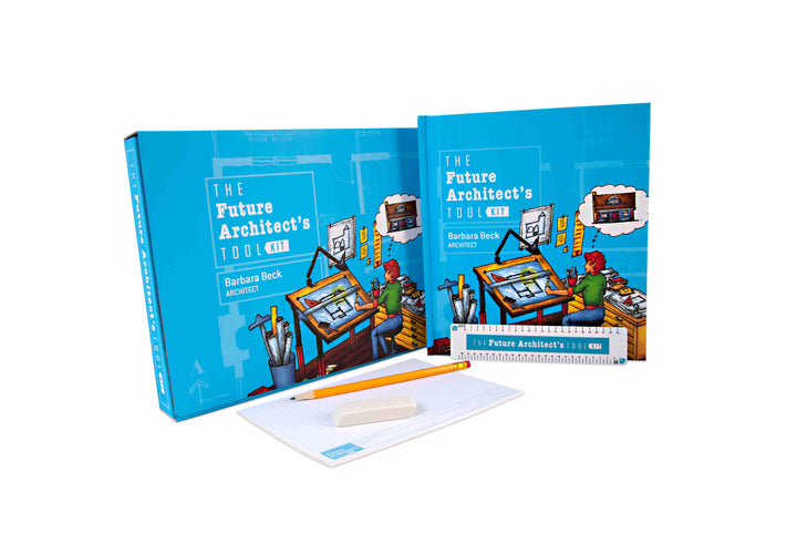 A blue box and "The Future Architect's Tool Kit" by Schiffer Publishing, Ltd. are displayed upright, with a white eraser and notepad featuring faint blue grid lines in front, ready for aspiring architects beginning their design journey.