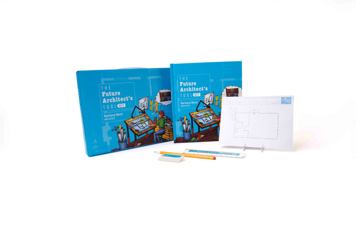 Two copies of Schiffer Publishing, Ltd.'s The Future Architect's Tool Kit are shown with a blank floor plan sheet, pencil, eraser, and blue ruler—the ideal starter set for aspiring architects interested in design.