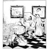 Black and white illustration from "Stolen Beauty" by Schiffer Publishing, Ltd.: three women in a checkered room—one plays cello, one reads, another paints under framed landscapes—perfect for adult coloring and artistic inspiration.
