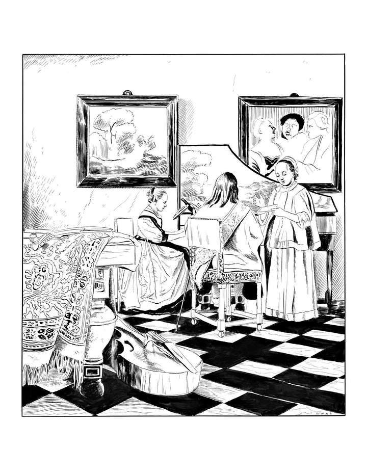 Black and white illustration from "Stolen Beauty" by Schiffer Publishing, Ltd.: three women in a checkered room—one plays cello, one reads, another paints under framed landscapes—perfect for adult coloring and artistic inspiration.