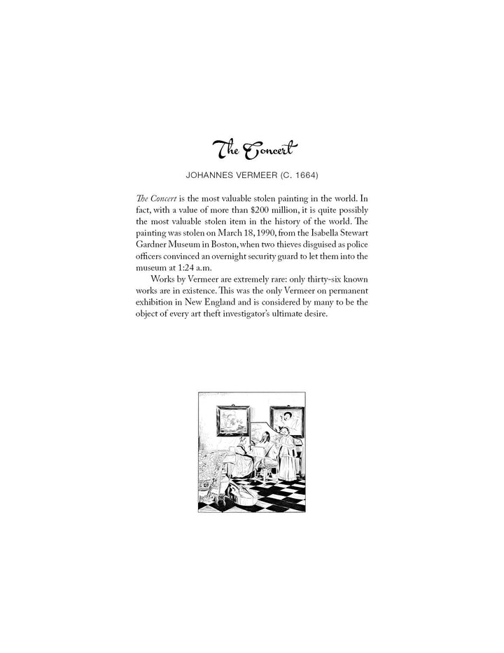 A page titled Stolen Beauty by Schiffer Publishing, Ltd. examines Vermeer’s stolen art, showing a small black-and-white image and sharing details of its 1990 theft from the Isabella Stewart Gardner Museum.