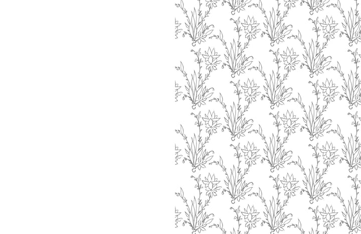 Black and white floral design with hand-drawn flowers, leaves, and stems on the right, blank left. Inspired by "Kristy's Spring Cutting Garden" by Schiffer Publishing, Ltd., based on Kristy Rice’s watercolor tutorials.