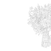 Inspired by Kristy’s Spring Cutting Garden from Schiffer Publishing, Ltd., this detailed black and white bouquet line drawing with ribbon on a white background is perfect for spring watercolor coloring books or painting tutorials.
