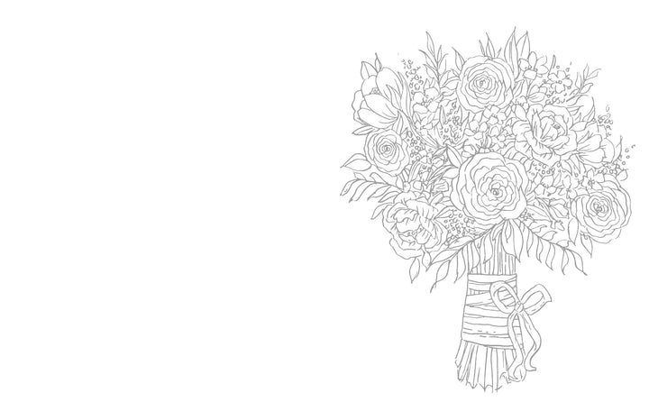 Inspired by Kristy’s Spring Cutting Garden from Schiffer Publishing, Ltd., this detailed black and white bouquet line drawing with ribbon on a white background is perfect for spring watercolor coloring books or painting tutorials.