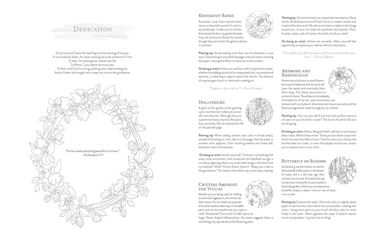 A two-page spread from Kristy's Summer Cutting Garden by Schiffer Publishing, Ltd. features a wreath illustration with dedication on the left, and flower sketches with descriptions and painting tips on the right.