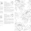 Kristy's Summer Cutting Garden by Schiffer Publishing, Ltd. features a black and white coloring page with botanical art inspired by Kristy Rice. The left side highlights peonies, fuchsia, mushrooms, dogwood, and penstemon; the right displays large outlined blooms.