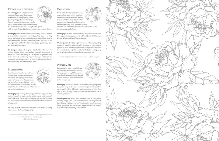Kristy's Summer Cutting Garden by Schiffer Publishing, Ltd. features a black and white coloring page with botanical art inspired by Kristy Rice. The left side highlights peonies, fuchsia, mushrooms, dogwood, and penstemon; the right displays large outlined blooms.