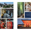 A collage for Schiffer Publishing, Ltd.'s "Cotton & Indigo from Japan": temples, bamboo forest, sushi chefs, Buddha statue, women in kimonos, vivid indigo fabric, and a glowing shrine at dusk—celebrating Japanese beauty and tranquility.