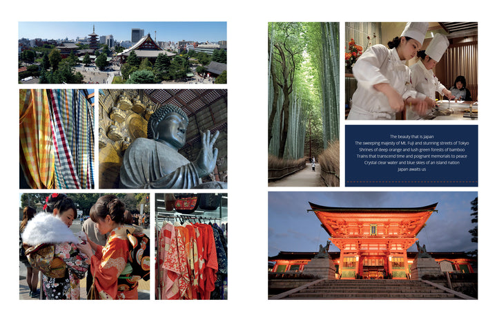 A collage for Schiffer Publishing, Ltd.'s "Cotton & Indigo from Japan": temples, bamboo forest, sushi chefs, Buddha statue, women in kimonos, vivid indigo fabric, and a glowing shrine at dusk—celebrating Japanese beauty and tranquility.