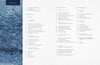 The table of contents for "Cotton & Indigo from Japan" (Schiffer Publishing, Ltd.) features a pixelated blue patchwork on the left and lists sections like Quilts, Japanese cotton, and Japanese indigo with chapters and page numbers.
