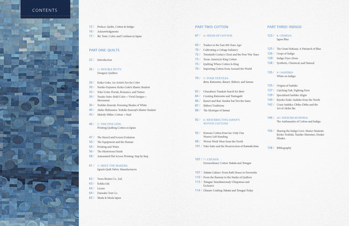 The table of contents for "Cotton & Indigo from Japan" (Schiffer Publishing, Ltd.) features a pixelated blue patchwork on the left and lists sections like Quilts, Japanese cotton, and Japanese indigo with chapters and page numbers.