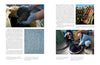 A two-page spread from Cotton & Indigo from Japan by Schiffer Publishing, Ltd. shows text and four photos: hands with dark soil, indigo-dyed fabric, people by colorful textiles, and two examining a container of dark liquid outdoors—celebrating fiber arts.