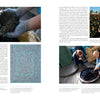 A two-page spread from Cotton & Indigo from Japan by Schiffer Publishing, Ltd. shows text and four photos: hands with dark soil, indigo-dyed fabric, people by colorful textiles, and two examining a container of dark liquid outdoors—celebrating fiber arts.