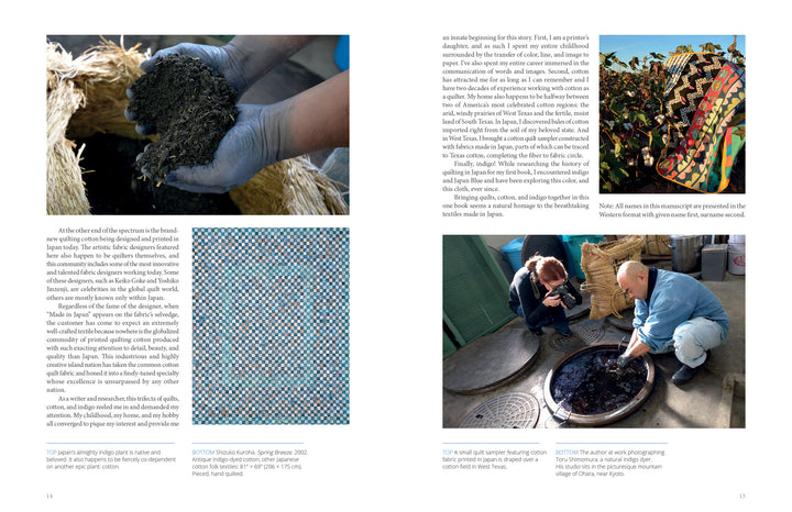A two-page spread from Cotton & Indigo from Japan by Schiffer Publishing, Ltd. shows text and four photos: hands with dark soil, indigo-dyed fabric, people by colorful textiles, and two examining a container of dark liquid outdoors—celebrating fiber arts.