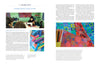 Two-page magazine spread on "Cotton & Indigo from Japan" by Schiffer Publishing, Ltd. Features designer Keiko Goke, vibrant Japanese cotton quilts, close-up textile designs with drawing tools, and insights into Goke's artistry in fiber arts.