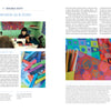 Two-page magazine spread on "Cotton & Indigo from Japan" by Schiffer Publishing, Ltd. Features designer Keiko Goke, vibrant Japanese cotton quilts, close-up textile designs with drawing tools, and insights into Goke's artistry in fiber arts.