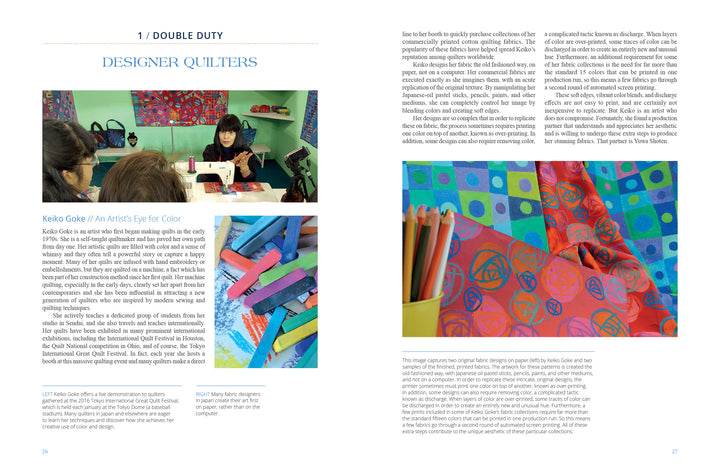 Two-page magazine spread on "Cotton & Indigo from Japan" by Schiffer Publishing, Ltd. Features designer Keiko Goke, vibrant Japanese cotton quilts, close-up textile designs with drawing tools, and insights into Goke's artistry in fiber arts.