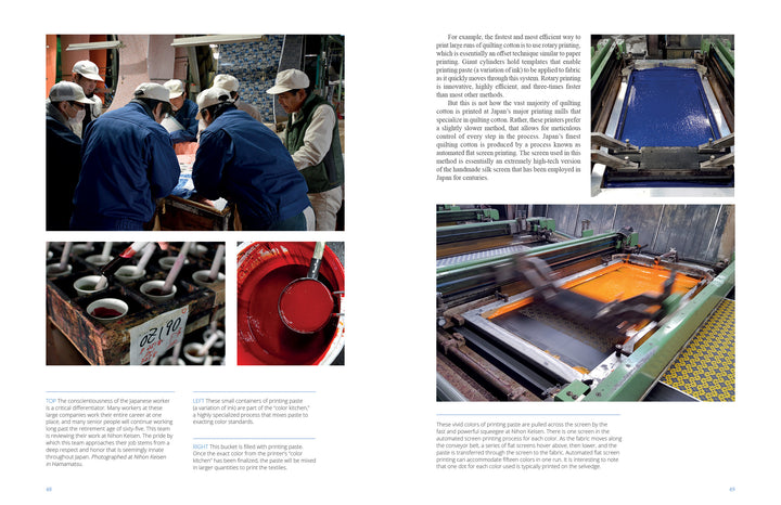 A two-page spread in "Cotton & Indigo from Japan" by Schiffer Publishing, Ltd. shows workers printing Japanese cotton, dye containers, and colorful textiles, alongside text about the fiber arts and printing techniques.