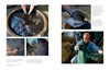 A series of photos from "Cotton & Indigo from Japan" by Schiffer Publishing, Ltd. shows Japanese cotton soaking in indigo dye, hands working with wet dye paste, close-ups of dyed fabric, and rinsing the cloth.