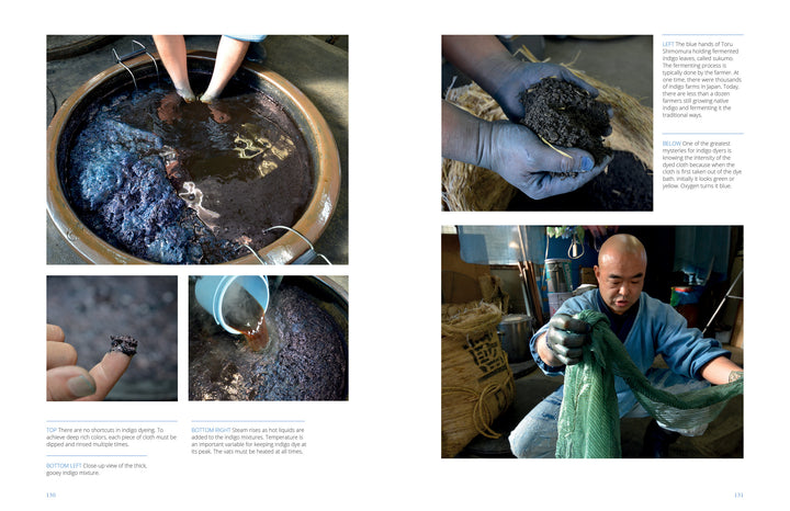 A series of photos from "Cotton & Indigo from Japan" by Schiffer Publishing, Ltd. shows Japanese cotton soaking in indigo dye, hands working with wet dye paste, close-ups of dyed fabric, and rinsing the cloth.