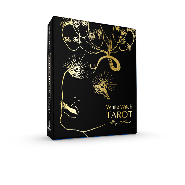 A black tarot card box features gold line art and mystical designs, with White Witch Tarot and Schiffer Publishing, Ltd. on the front—ideal for storing your meditative tarot cards or displaying a Major Arcana deck.