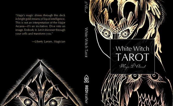 Book cover for White Witch Tarot by Schiffer Publishing, Ltd., featuring elaborate gold and white mystical designs on a black background with glowing illustrations—ideal for Tarot meditation.