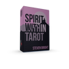 The Spirit within Tarot by Schiffer Publishing, Ltd. is a modern deck featuring a silhouette of a person sitting on a mountain with a large moon on a purple and black background.
