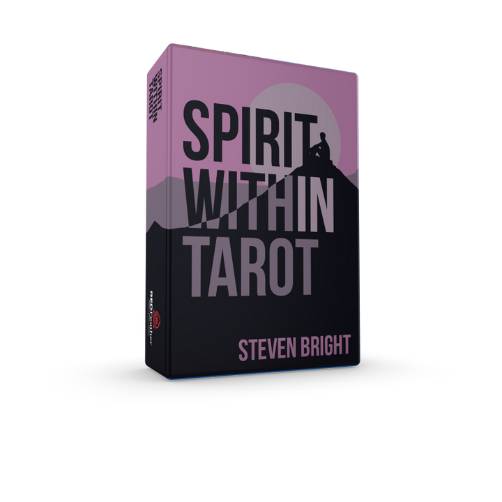The Spirit within Tarot by Schiffer Publishing, Ltd. is a modern deck featuring a silhouette of a person sitting on a mountain with a large moon on a purple and black background.