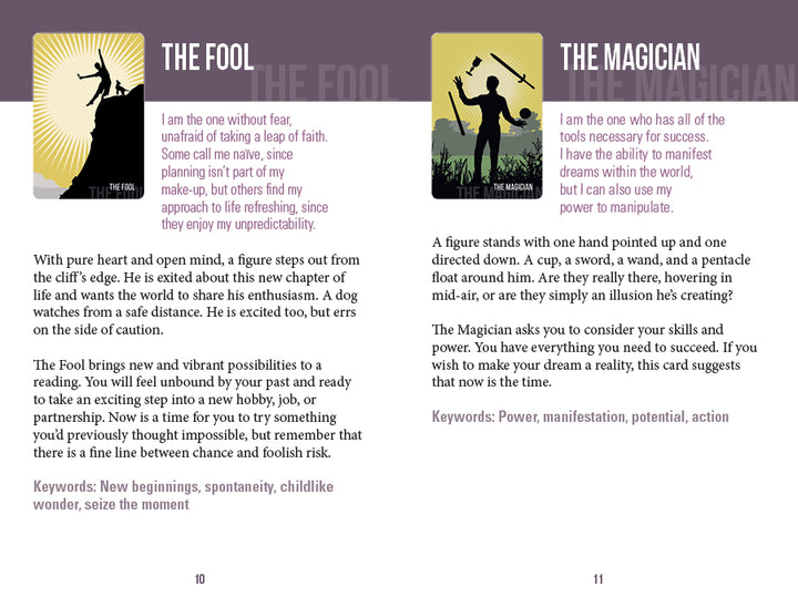 Two cards from the Spirit Within Tarot by Schiffer Publishing, Ltd.: The Fool embraces new beginnings at a cliff’s edge with a dog, while The Magician channels power and action in this modern deck.