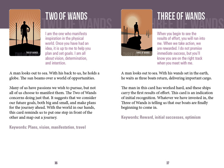 An open Spirit within Tarot book from Schiffer Publishing, Ltd. shows the Two of Wands and Three of Wands cards with silhouetted figures, landscapes, upright meanings, keywords, and inclusive modern Tarot illustrations on each page.