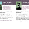 The Spirit Within Tarot by Schiffer Publishing, Ltd. features open pages showing the Ace of Pentacles with a hand holding a pentacle and the Two of Pentacles with a person juggling coins, each with keywords and explanations from this modern deck.