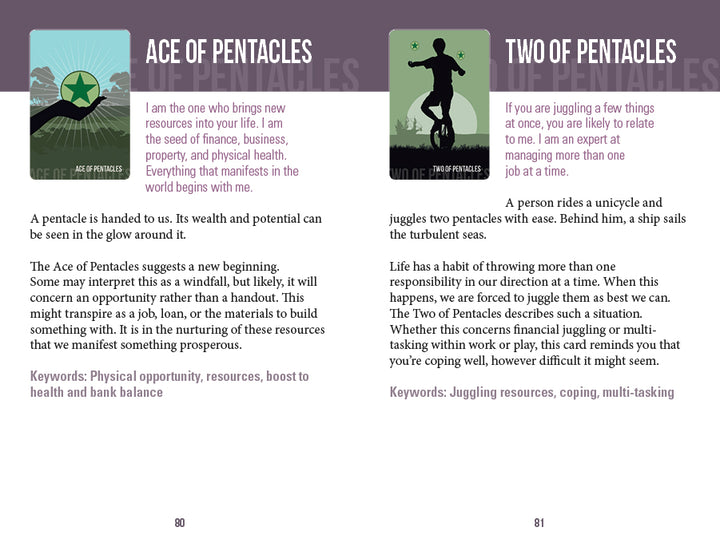 The Spirit Within Tarot by Schiffer Publishing, Ltd. features open pages showing the Ace of Pentacles with a hand holding a pentacle and the Two of Pentacles with a person juggling coins, each with keywords and explanations from this modern deck.
