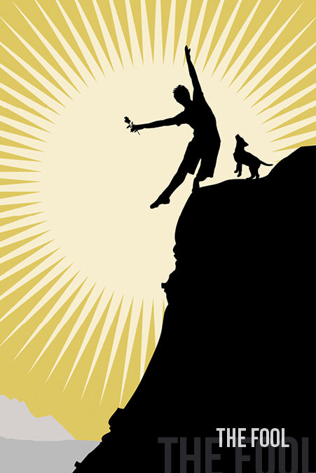 A silhouette of a person balancing on a cliff with a small dog and flower, radiant sun rays behind. "The Fool" appears below in this inclusive Tarot card from the Spirit Within Tarot by Schiffer Publishing, Ltd.
