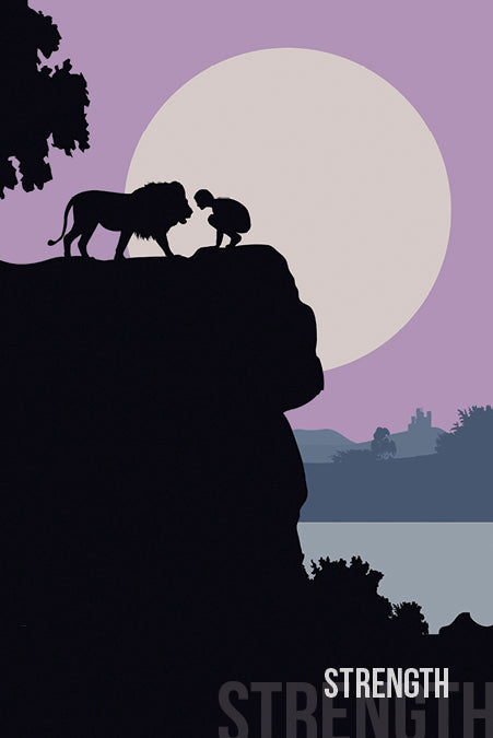 A silhouette kneels before a lion on a cliff at sunset, with a pale moon and distant landscape as "STRENGTH" appears below; from Spirit Within Tarot by Schiffer Publishing, Ltd.