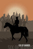 A silhouetted figure on horseback raises a wand before a cheering crowd and city skyline. Rays of light shine as "Six of Wands" appears below—an uplifting card from the Spirit within Tarot by Schiffer Publishing, Ltd.