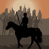 A silhouetted figure on horseback raises a wand before a cheering crowd and city skyline. Rays of light shine as "Six of Wands" appears below—an uplifting card from the Spirit within Tarot by Schiffer Publishing, Ltd.