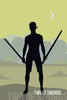 A silhouette holding two swords stands on a hill beneath a crescent moon with trees behind, from the Spirit Within Tarot by Schiffer Publishing, Ltd. Card text reads: TWO OF SWORDS.