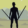 A silhouette holding two swords stands on a hill beneath a crescent moon with trees behind, from the Spirit Within Tarot by Schiffer Publishing, Ltd. Card text reads: TWO OF SWORDS.