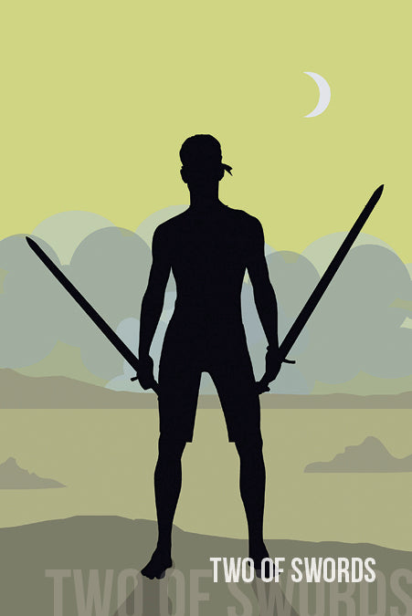 A silhouette holding two swords stands on a hill beneath a crescent moon with trees behind, from the Spirit Within Tarot by Schiffer Publishing, Ltd. Card text reads: TWO OF SWORDS.