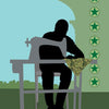 A silhouette sews yellow fabric at a machine with eight green pentacles beside them. "Eight of Pentacles" is written below—an expressive card from the Spirit within Tarot by Schiffer Publishing, Ltd.