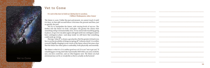A page from The Promethean Oracle by Schiffer Publishing, Ltd. shows a starry Milky Way image labeled Yet to Come. The left side has divination-inspired text; the right side offers blank, lined space for writing.