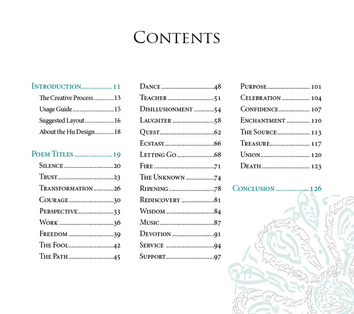 Table of contents for Rumi's Gift Oracle Cards by Schiffer Publishing, Ltd., featuring section titles, page numbers, and a floral corner design—ideal for organizing your deck. Sections: Introduction, Poem Titles, Dance, Purpose, Conclusion.