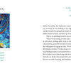 An open book from Rumi's Gift Oracle Cards by Schiffer Publishing, Ltd. shows a vibrant Fool tarot card illustration with a blue poem; opposite is poetic prose with a blue heading and a small heart symbol above the text.